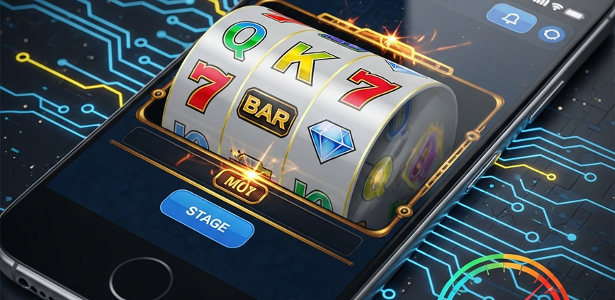 A modern smartphone displaying a high-performance browser slot game with spinning reels and glowing symbols, overlaid with subtle digital performance indicators, representing optimized mobile gaming in Malaysia.