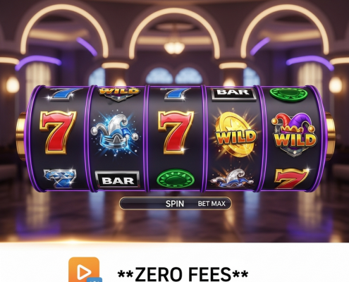 Vibrant mobile online slot machine interface showing spinning reels and a prominent 'Zero Fees' banner, representing ShopeePay deposits for slot gaming in Malaysia.