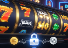 Vibrant online slot machine interface with spinning reels and winning symbols, integrated with secure eWallet payment icons and a glowing padlock, representing fast and safe transactions for Malaysian slot gamers.