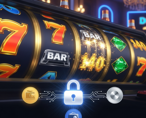 Vibrant online slot machine interface with spinning reels and winning symbols, integrated with secure eWallet payment icons and a glowing padlock, representing fast and safe transactions for Malaysian slot gamers.