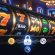 Vibrant online slot machine interface with spinning reels and winning symbols, integrated with secure eWallet payment icons and a glowing padlock, representing fast and safe transactions for Malaysian slot gamers.