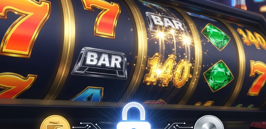 Vibrant online slot machine interface with spinning reels and winning symbols, integrated with secure eWallet payment icons and a glowing padlock, representing fast and safe transactions for Malaysian slot gamers.