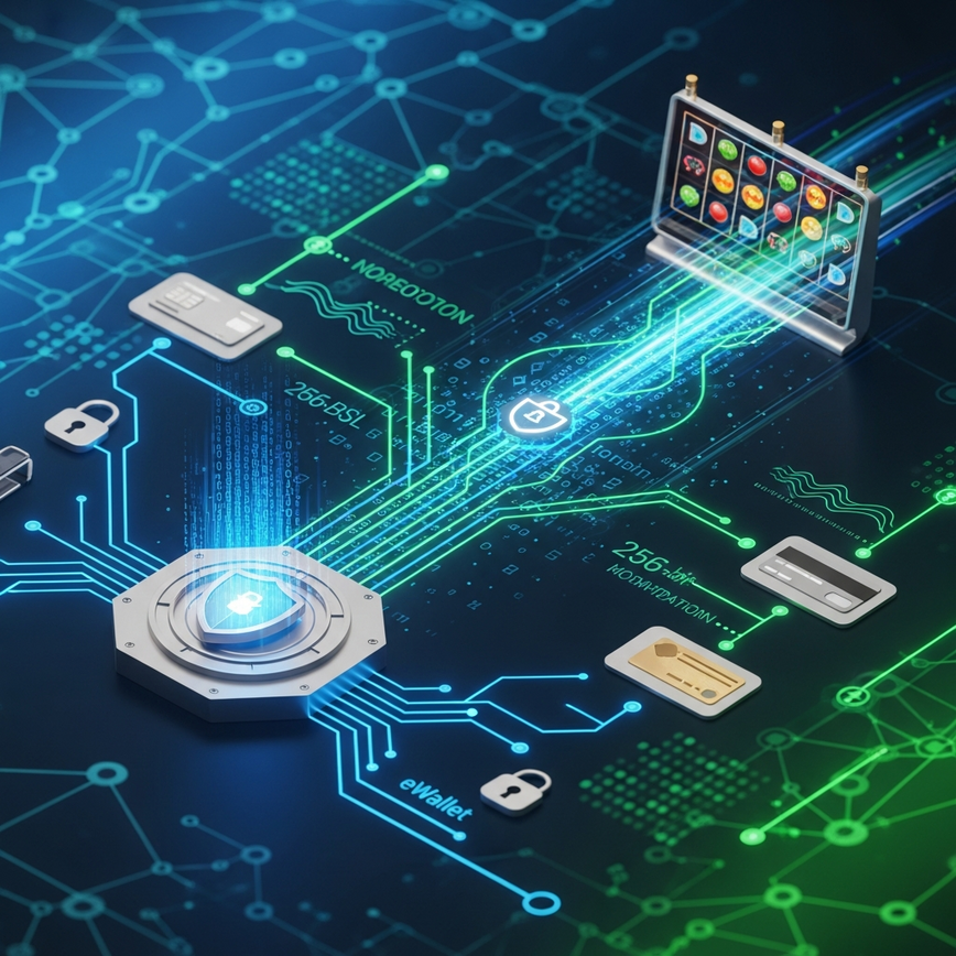 Visualizing the swift and secure nature of eWallet transactions for online slot gaming, highlighting encryption and multi-factor authentication.