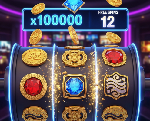 Vibrant PGSoft-style online slot machine interface showing a massive x10000 multiplier during a free spins round, with cascading winning symbols and glowing effects, representing high-potential gameplay.