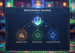 A premium online casino dashboard with a prominent 'Responsible Gaming' section, featuring abstract icons for deposit limits, self-exclusion, and cooling-off periods, conveying player control and security.