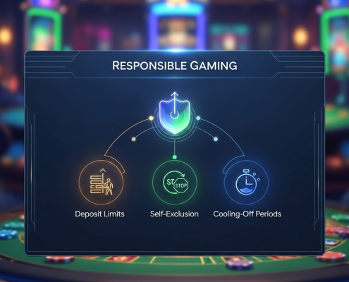 A premium online casino dashboard with a prominent 'Responsible Gaming' section, featuring abstract icons for deposit limits, self-exclusion, and cooling-off periods, conveying player control and security.