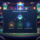 A premium online casino dashboard with a prominent 'Responsible Gaming' section, featuring abstract icons for deposit limits, self-exclusion, and cooling-off periods, conveying player control and security.