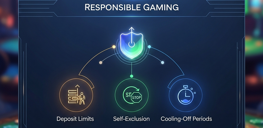 A premium online casino dashboard with a prominent 'Responsible Gaming' section, featuring abstract icons for deposit limits, self-exclusion, and cooling-off periods, conveying player control and security.