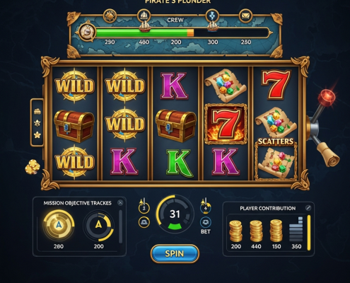 Dynamic online slot game interface optimized for 'Team Play,' showing spinning reels with winning symbols, crew progress indicators, and strategic mission trackers, set against a luxurious digital casino backdrop.