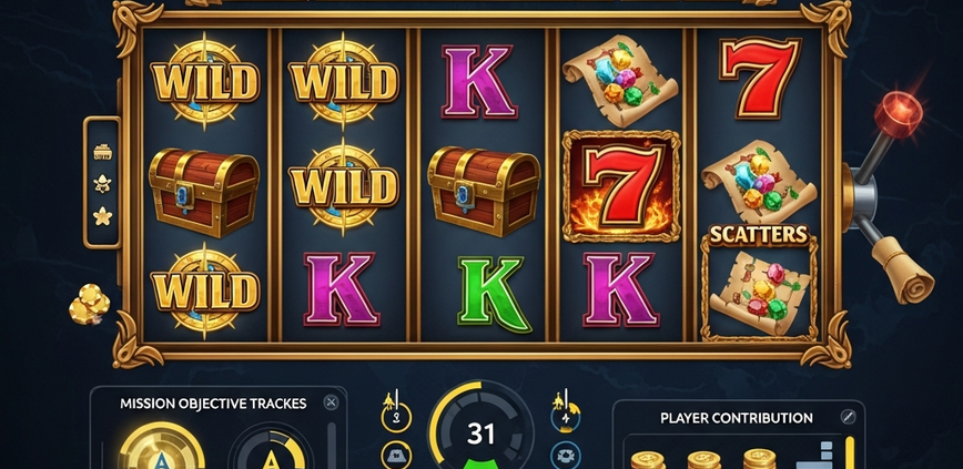 Dynamic online slot game interface optimized for 'Team Play,' showing spinning reels with winning symbols, crew progress indicators, and strategic mission trackers, set against a luxurious digital casino backdrop.