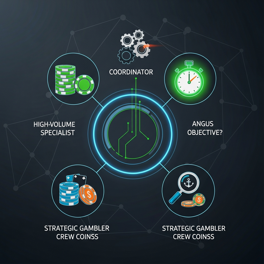Illustrates the concept of diverse player roles and strategic crew composition for online slot team play.