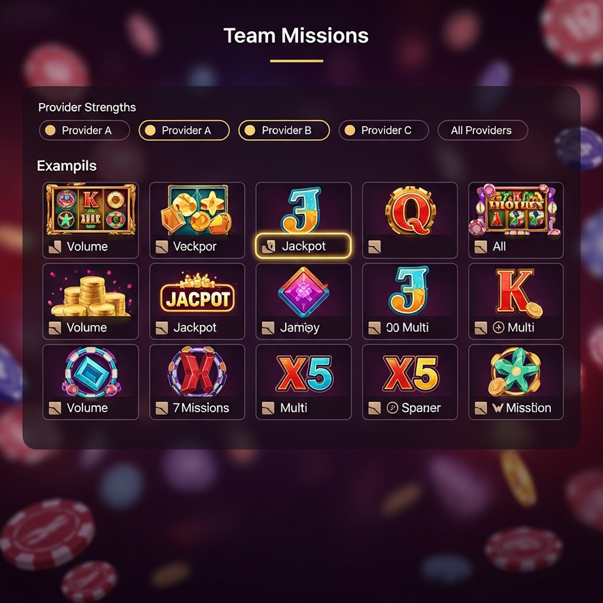 Visualizes the strategic selection of different slot types for various team missions, highlighting provider strengths.