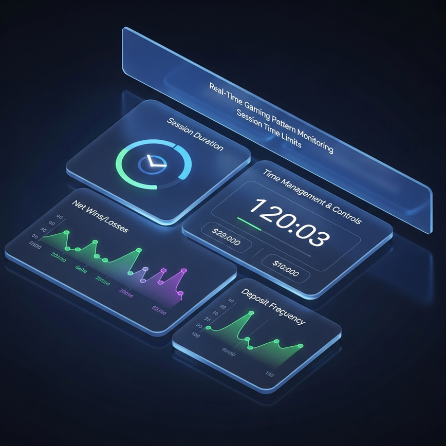 Menggambarkan konsep 'Pemantauan Corak Permainan Masa Nyata' dan 'Had Masa Sesi,' memaparkan papan pemuka yang membantu pemain menjejaki aktiviti mereka dan mengekalkan kawalan.