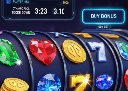 Dynamic online slot machine interface with spinning reels, a glowing 'Buy Bonus' button, and an integrated tournament leaderboard, representing advanced casino slot strategies.