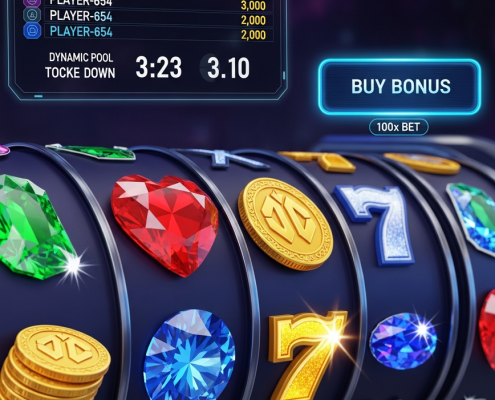 Dynamic online slot machine interface with spinning reels, a glowing 'Buy Bonus' button, and an integrated tournament leaderboard, representing advanced casino slot strategies.