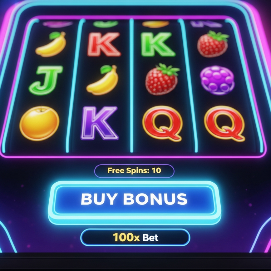 Menggambarkan ciri 'Buy Bonus' pada antara muka permainan slot, menunjukkan kos dan akses segera ke free spins, untuk menerangkan mekanik teras.