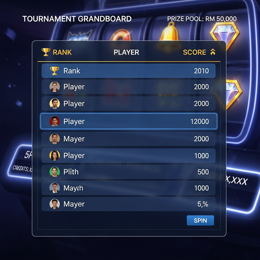 Menggambarkan leaderboard tournament kasino dalam talian, menekankan persaingan, kedudukan pemain, dan pengagihan hadiah.