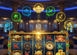 Vibrant pirate-themed online slot machine interface with team play elements, showing spinning reels, treasure symbols, and abstract player icons in a luxurious online casino setting.
