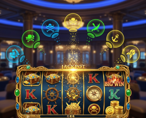 Vibrant pirate-themed online slot machine interface with team play elements, showing spinning reels, treasure symbols, and abstract player icons in a luxurious online casino setting.