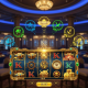 Vibrant pirate-themed online slot machine interface with team play elements, showing spinning reels, treasure symbols, and abstract player icons in a luxurious online casino setting.