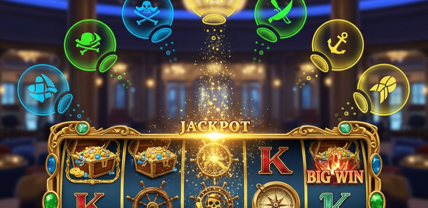 Vibrant pirate-themed online slot machine interface with team play elements, showing spinning reels, treasure symbols, and abstract player icons in a luxurious online casino setting.