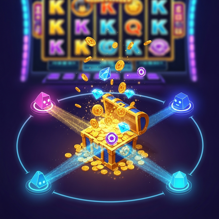 Menggambarkan konsep kerjasama pasukan dan ganjaran bersama dalam permainan slot dalam talian.