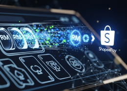 Dynamic digital art showing fast and secure transfer of funds from a generic online casino interface to a glowing ShopeePay e-wallet icon, symbolizing quick withdrawals in Malaysia.