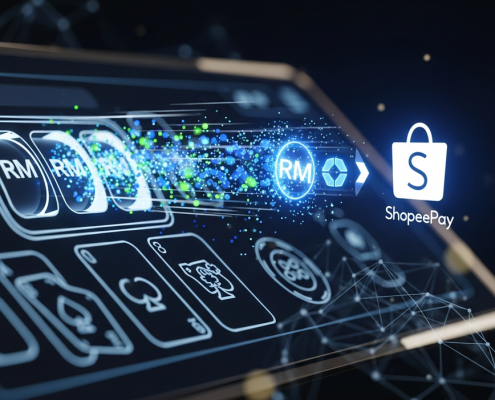 Dynamic digital art showing fast and secure transfer of funds from a generic online casino interface to a glowing ShopeePay e-wallet icon, symbolizing quick withdrawals in Malaysia.