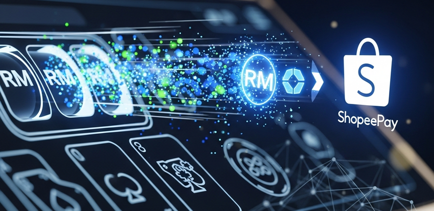 Dynamic digital art showing fast and secure transfer of funds from a generic online casino interface to a glowing ShopeePay e-wallet icon, symbolizing quick withdrawals in Malaysia.