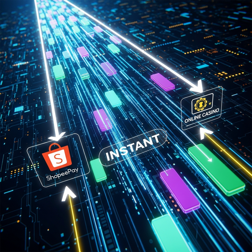 Menggambarkan sifat proses pengeluaran ShopeePay yang pantas dan automatik, menonjolkan kelajuan (purata 2.3 minit) dan kecekapan pemindahan dana digital.