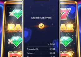 Vibrant mobile phone screen showing 'Deposit Confirmed' from an e-wallet, overlaid on a dynamic online slot machine interface with glowing winning symbols, representing fast and secure casino deposits.
