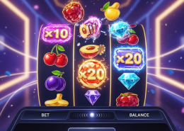 Vibrant online slot machine interface with colorful symbols, multiplier effects, and generic bet/balance controls, representing Pragmatic Play game mechanics and bankroll management.