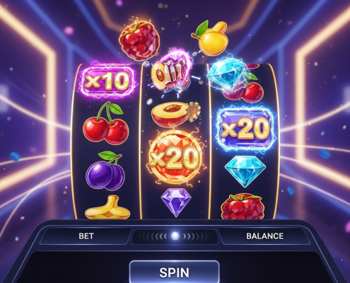 Vibrant online slot machine interface with colorful symbols, multiplier effects, and generic bet/balance controls, representing Pragmatic Play game mechanics and bankroll management.