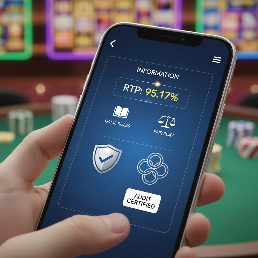 Menggambarkan konsep pengesahan RTP dan ketelusan dalam panel maklumat permainan slot Playtech, membayangkan pensijilan audit bebas.