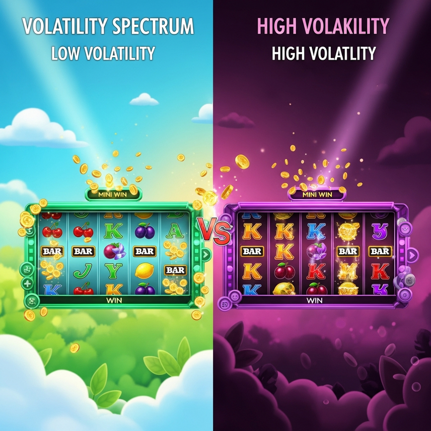 Menggambarkan kontras antara slot Playtech volatility rendah dan tinggi melalui antara muka permainan yang berbeza atau metafora visual, menunjukkan kemenangan kecil yang kerap berbanding kemenangan besar yang jarang berlaku.