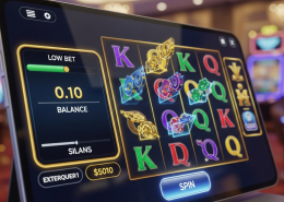 Sleek mobile online slot machine interface showing a low bet of RM0.10 and a stable balance, with reels displaying small wins, representing a low-stakes slots strategy for extended playtime in Malaysia.