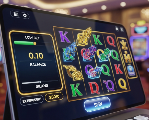 Sleek mobile online slot machine interface showing a low bet of RM0.10 and a stable balance, with reels displaying small wins, representing a low-stakes slots strategy for extended playtime in Malaysia.
