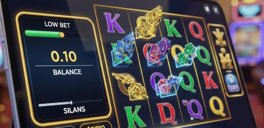 Sleek mobile online slot machine interface showing a low bet of RM0.10 and a stable balance, with reels displaying small wins, representing a low-stakes slots strategy for extended playtime in Malaysia.