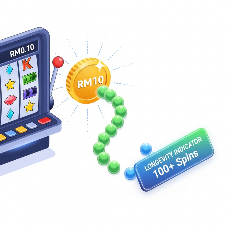 Menggambarkan konsep teras pengurusan bankroll, khususnya 'peraturan 100-spin' untuk bajet kecil RM10, menekankan bagaimana deposit kecil boleh membawa kepada banyak pusingan.