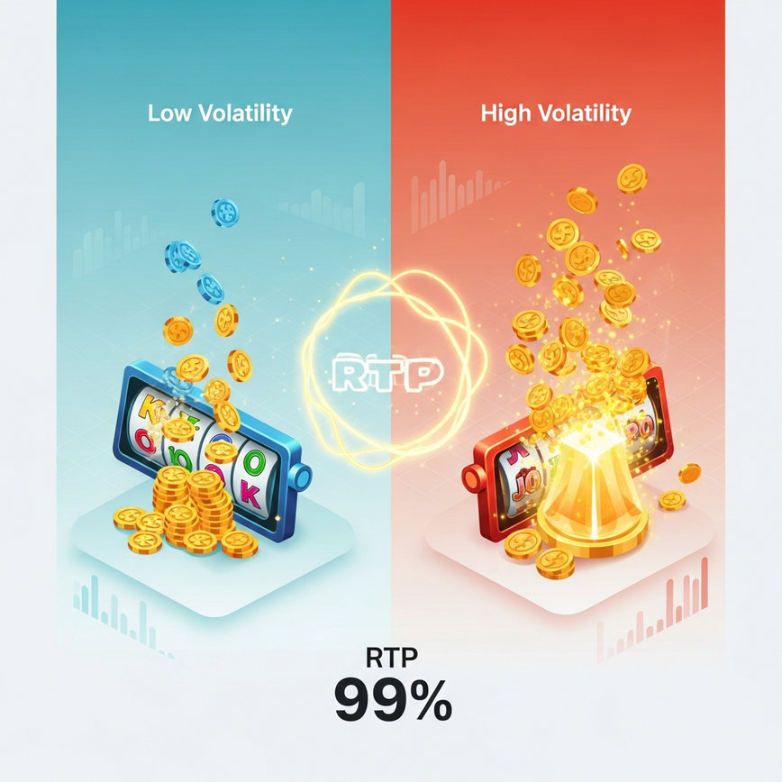 Menggambarkan konsep RTP dan Volatiliti dalam permainan slot, membandingkan secara visual bagaimana tahap volatiliti yang berbeza mempengaruhi kekerapan dan saiz pembayaran sambil mengekalkan RTP yang tinggi.