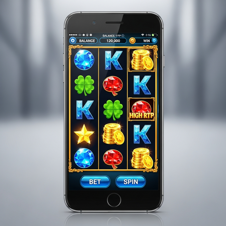 Menonjolkan pengoptimuman mudah alih slot Playtech RTP tinggi, mempamerkan pengalaman permainan yang lancar dan licin pada telefon pintar moden.