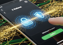 Dynamic digital rendering of funds transferring rapidly from an online casino app to an e-wallet on a mobile phone, with security padlock icons, symbolizing fast and secure withdrawals.
