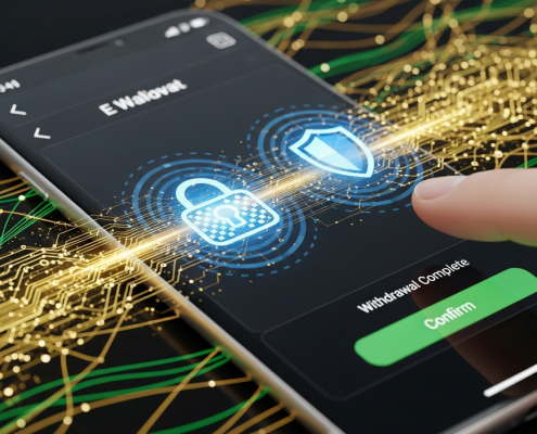 Dynamic digital rendering of funds transferring rapidly from an online casino app to an e-wallet on a mobile phone, with security padlock icons, symbolizing fast and secure withdrawals.