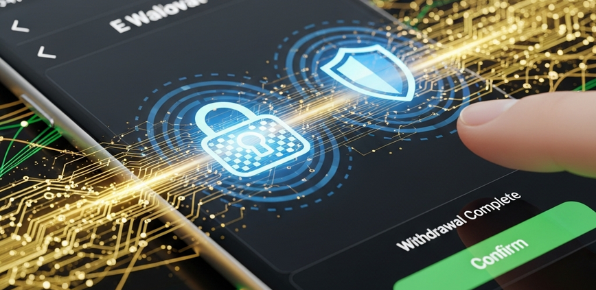 Dynamic digital rendering of funds transferring rapidly from an online casino app to an e-wallet on a mobile phone, with security padlock icons, symbolizing fast and secure withdrawals.