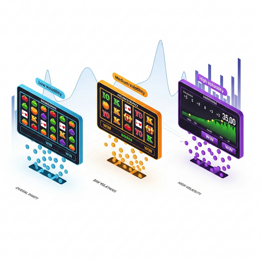 Menggambarkan konsep volatility rendah, sederhana, dan tinggi dalam permainan slot dan keperluan bankroll yang sepadan.