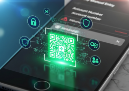 A split image contrasting a secure mobile QR code payment interface with glowing green security icons against a risky manual bank transfer input screen with red warning symbols, emphasizing digital payment safety.