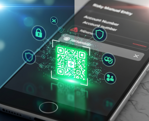 A split image contrasting a secure mobile QR code payment interface with glowing green security icons against a risky manual bank transfer input screen with red warning symbols, emphasizing digital payment safety.
