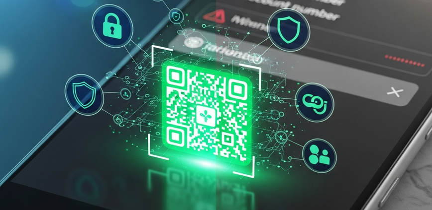 A split image contrasting a secure mobile QR code payment interface with glowing green security icons against a risky manual bank transfer input screen with red warning symbols, emphasizing digital payment safety.