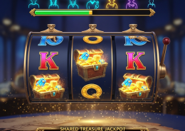 Dynamic online casino slot machine interface with a prominent 'Team Mission' progress bar and shared treasure chest symbols, signifying collaborative gaming and bonus rewards on a premium platform.