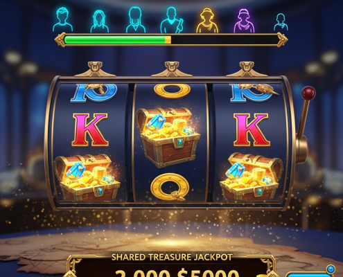 Dynamic online casino slot machine interface with a prominent 'Team Mission' progress bar and shared treasure chest symbols, signifying collaborative gaming and bonus rewards on a premium platform.